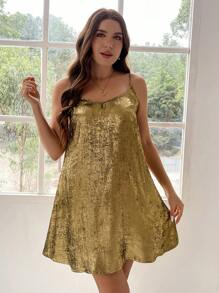 Flirla 大尺碼女性金色細肩帶連衣裙 - 金色 - 查看 2