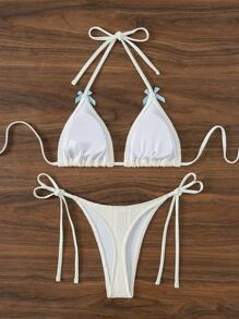 Swim Mod Conjunto de bikini con lazo decorativo de color contrastado con sujetador halter y laterales con lazo, playa de verano