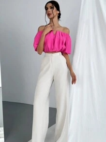 Aloruh Blusa de mujer con escote en V y hombros descubiertos, cintura marcada y mangas cortas