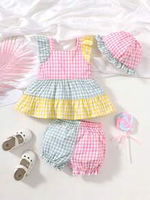 寶寶女孩甜美格子拼接荷葉邊上衣,短褲和帽子套裝 - 彩色 - 查看 3