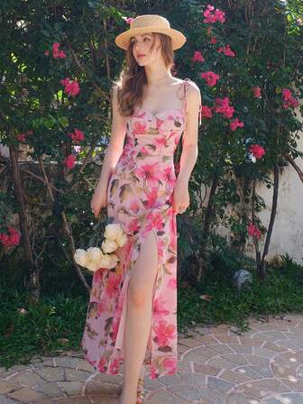 Women's Elegant Floral Allover Print High Slit Sleeveless Dress, Suitable For Vacation