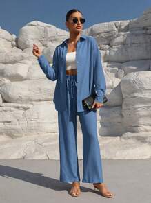SHEIN Clasi Solid Color Button Down Long Sleeve Shirt And Wide Leg Pants - Blue - View 3