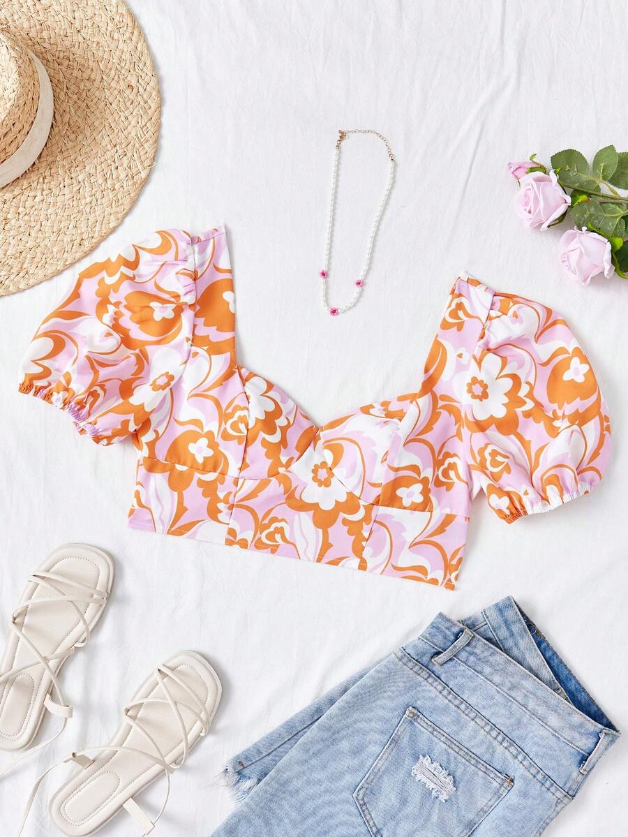 Soleia 女士心形印花泡泡袖衬衫,有愛心領 - 彩色 - 查看 1