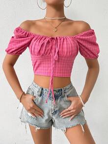 Chiquease 女士格紋短款衣,帶褶皺裝飾,短泡泡袖,前綁帶設計 - 玫紅色 - 查看 3