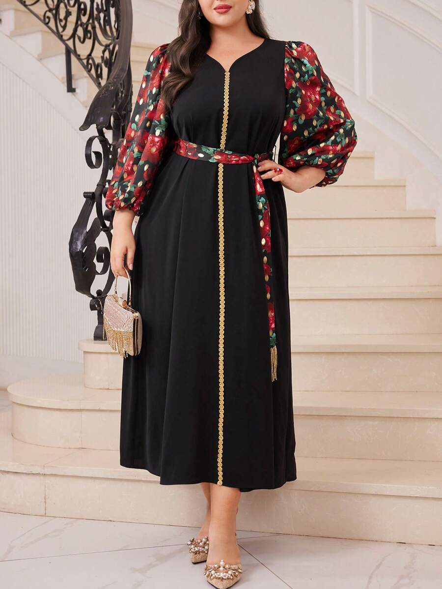 Modelyn Plus Size Women's Arabian Printed Lantern Sleeve Dress Long Evening Dresses - Multicolor - View 1