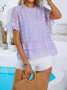 Chiquease 女士雙層荷葉邊短袖衫,邊緣有褶皺紋路 - 紫色 - 查看 6