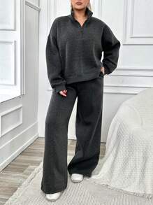 SHEIN Cottnline Áo hoodie nửa khóa kéo trơn màu cỡ lớn 2 chiếc/bộ - Màu xám đen - Xem 4