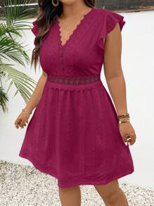 SHEIN Frenchy Váy cưới ren chắp vá cỡ lớn cho nữ mùa hè Váy đỏ cho khách dự tiệc Váy xòe tay lửng chữ A - Màu Đỏ Sâu - Xem 3