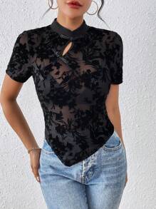 SHEIN Unity 透明植物刺繡上衣,帶有紐扣細節