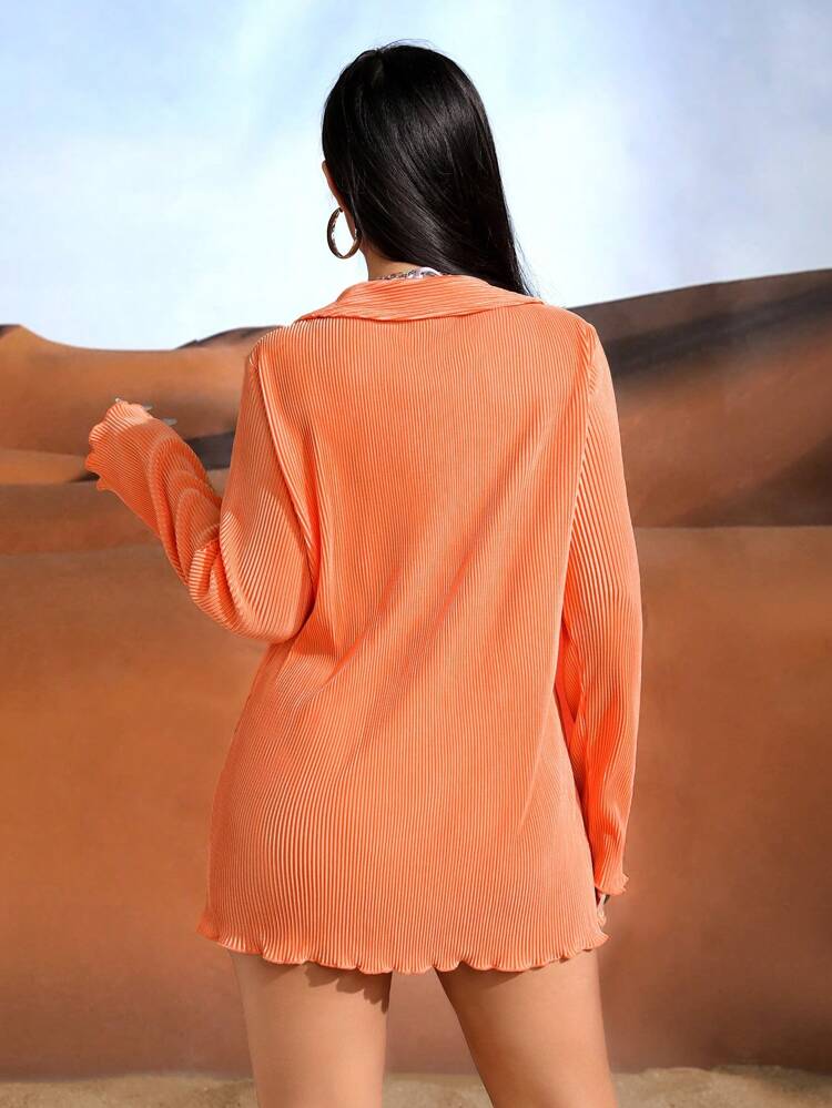 Women's Long Sleeve Pleated Lettuce Trim Kimono With Front Tie Summer