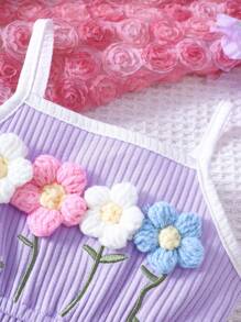 Baby Girl 3d Flower Color Blocking Edge Strap Romper - Purple - View 4