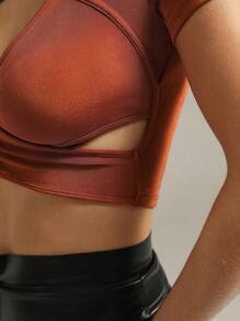 Zolique Solid Color Crisscross Hollow Out Cropped T-Shirt - Brown - View 3