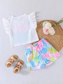 SHEIN Young Girl Cute Ruffle Trim Letter Printed Top And Skirt Set - Multicolor - View 2