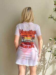 SHEIN Swim Summer Beach V-Neck Halter Bikini Set With Separated Bottom, And Letter Printed Short Sleeve Cover Up - Multicolor - View 3