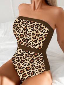 SHEIN Swim Summer Patchwork Leopard Print Strapless Slim Fit One Piece Swimsuit - Multicolor - View 3