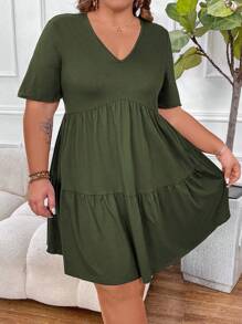 SHEIN CURVE+ Plus Size Women's V-Neck Short Sleeve Ruffle Hem Dress - Green - View 5