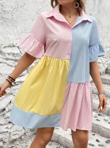 Breezaya Vestido camisa de color de bloque a rayas asimétrico con estilo vacacional, verano, talla grande