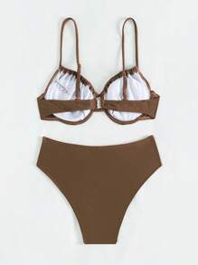 SHEIN Swim 夏季海滩女士纯色褶皱两件套比基尼套装（带钢圈支撑） - 咖啡棕 - 查看 2