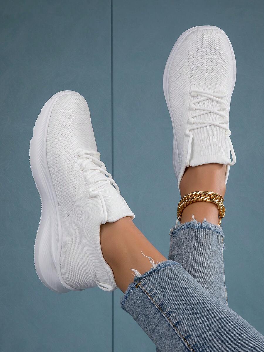 女款增高軟底舒適圓頭鞋帶運動鞋,夏季白色休閒透氣網布運動鞋 - 白色 - 查看 1