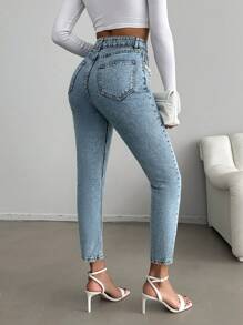 RueChic 高腰仿珍珠装饰妈妈版牛仔裤