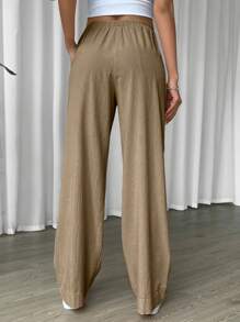 SHEIN EZwear Linen Drawstring Waist Slant Pocket Wide Leg Pants - Champagne - View 2