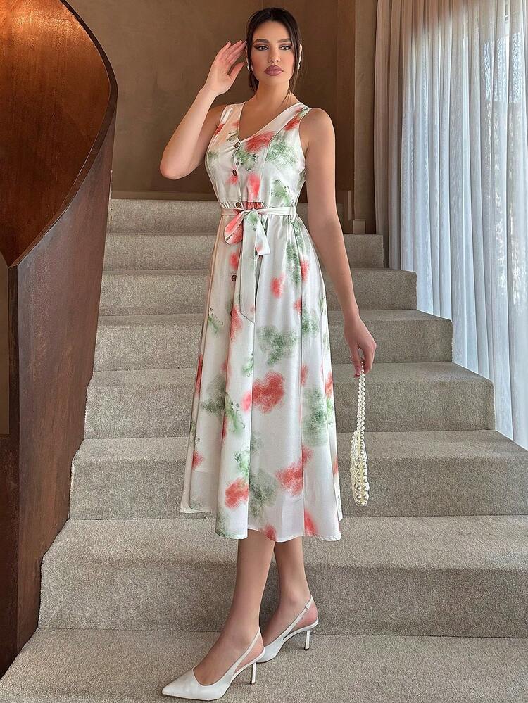 Women's Vacation Style Tie Dyed Sleeveless Single-Breasted Dress