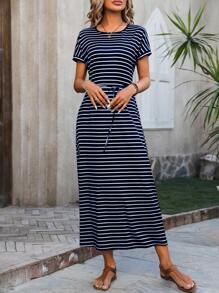 EMERY ROSE Round Neck Striped Tie Waist Casual Dress - Royal Blue - View 3