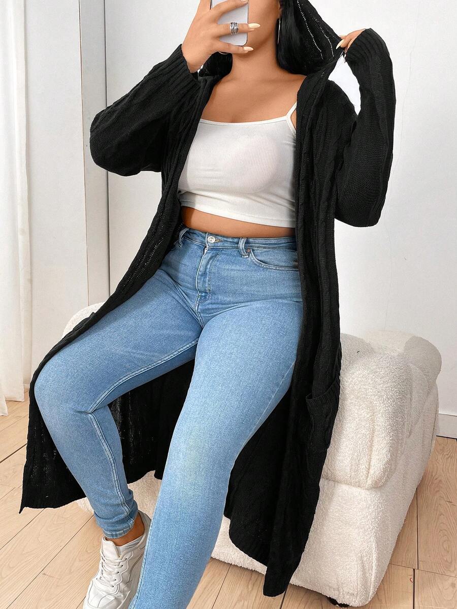 Calvaya Plus Solid Open Front Hooded Longline Cardigan - Black - View 1