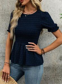 Breezaya 女士圆领短款泡泡袖裹身衬衫荷叶边上衣 - 藏蓝色 - 查看 4