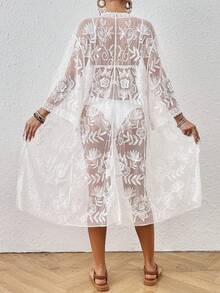 SHEIN Swim Của phụ nữ Lưới thêu & Ren Vá lại Kimono Phong cách Áo len Mở Với Mặt trước Buộc - trắng - Xem 2