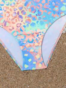 Conjunto de bikini para niña preadolescente, conjunto de bikini con estampado de leopardo colorido con diseño cruzado, playa de primavera y verano - Azul - Ver 5
