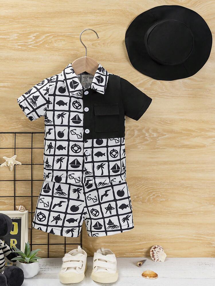 Baby Boy's Fashionable Street Style Holiday Patchwork Printed Button-Front Short Sleeve Shirt And Shorts For Summer