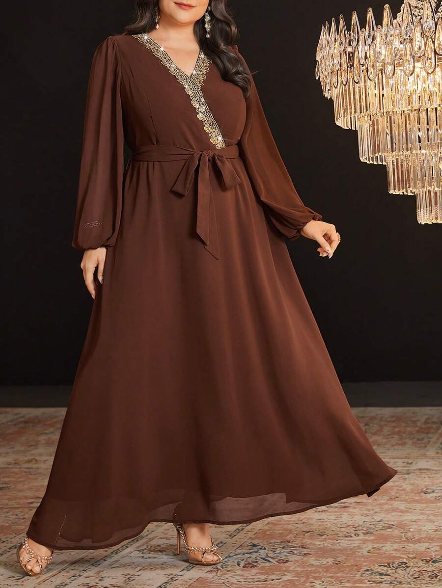 Modelyn Đầm dạ hội dài tay cổ chữ V tay đèn lồng cỡ lớn, váy dạ hội thanh lịch, váy dạ hội dài - Cà phê nâu - Xem 1