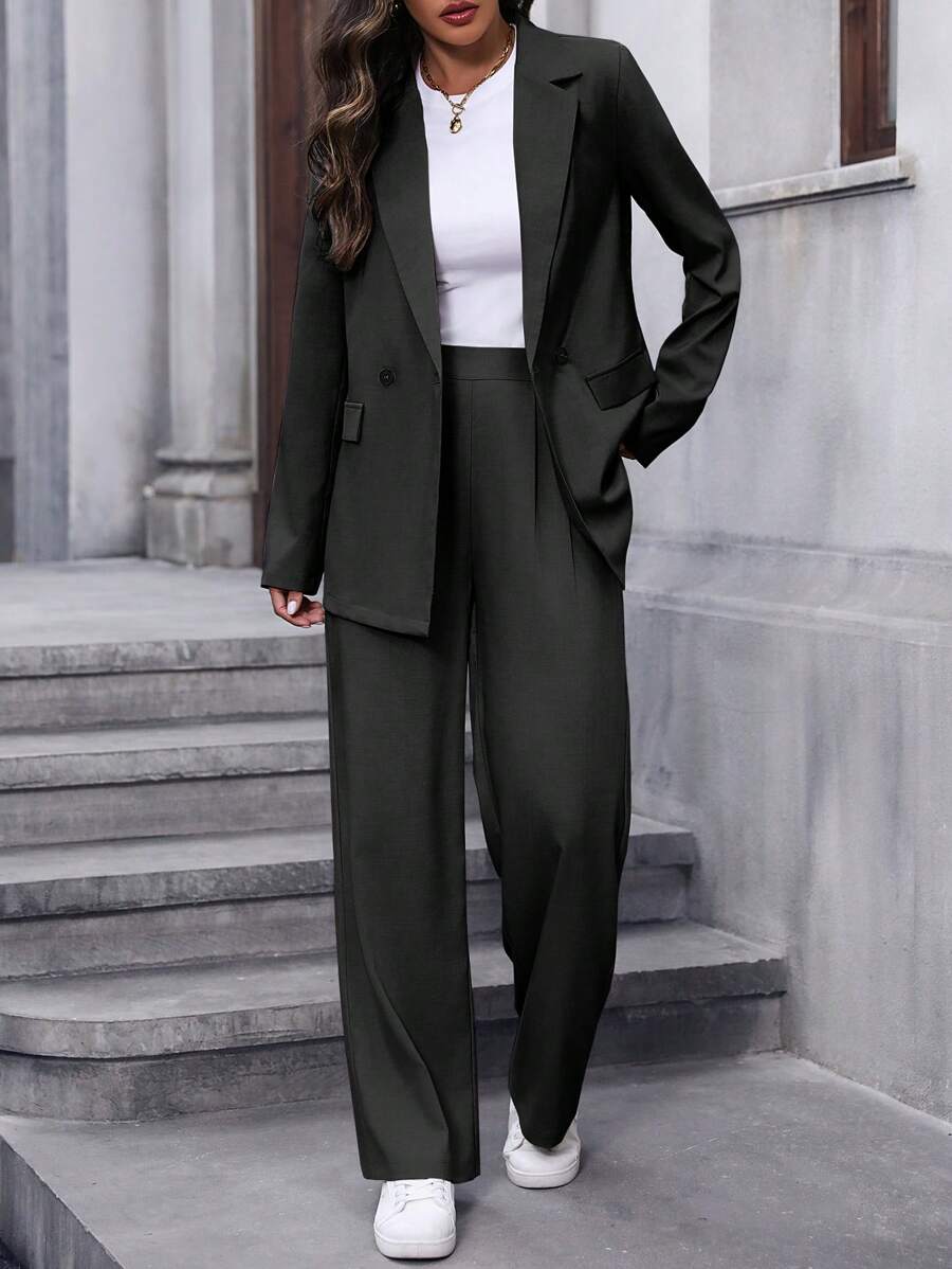 Ellegaria. Ladies' Notched Collar Double Button Blazer And Pants Set, Long Sleeve Fall Cloth For Women - Black - View 1