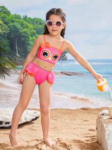 Bộ bikini dễ thương cho bé gái có họa tiết cú, chi tiết nơ và viền xếp nếp, đi biển mùa xuân/hè - Màu Hồng Tươi - Xem 5