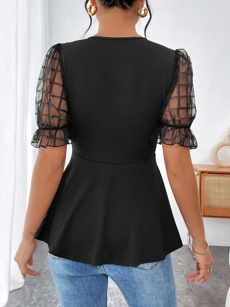 Mesh Contrast V-Neck Short Sleeve T-Shirt