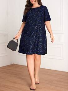 SHEIN Clasi Kích thước lớn Lung linh Vòng cổ Đầm giản dị - Xanh đậm - Xem 5