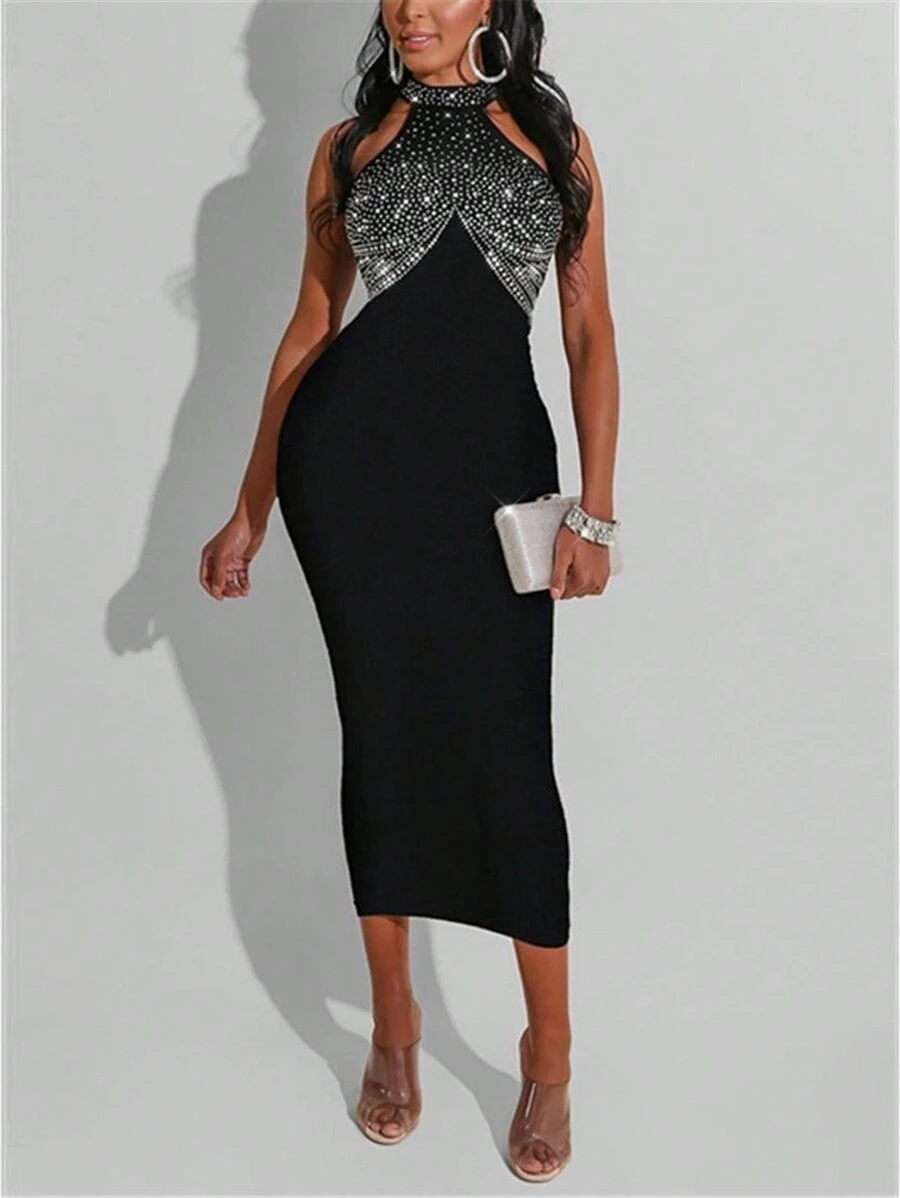 Lyxana Sleeveless Fashionable Rhinestone Decor Bodycon Dress