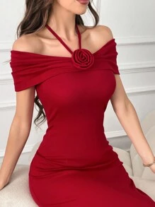Modelyn Women's Fish Tail Off Shoulder Neck Hanging Dress, Decorated With 3d Flowers For New Year Clothes Maxi Women Outfit Long Evening Dresses - Red - View 1