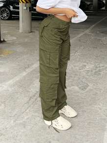 新款女式休闲 Y2K 多口袋工装裤 - 軍綠色 - 查看 1
