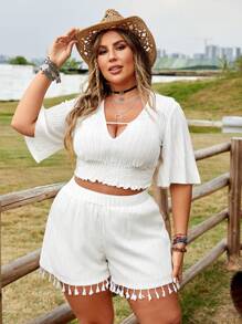 SHEIN Clasi Plus Size Butterfly Sleeve Top And Fringed Shorts - Apricot - View 1