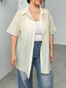 SHEIN Essnce Women's Plus Size Grid Texture Semi-Sheer Casual Fashionable & Vacation Beige Shirt With Open Front - Beige - View 5