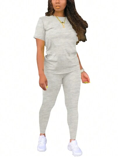 Solid Color Crew Neck Short Sleeve Casual T-Shirt And Leggings Set Summer