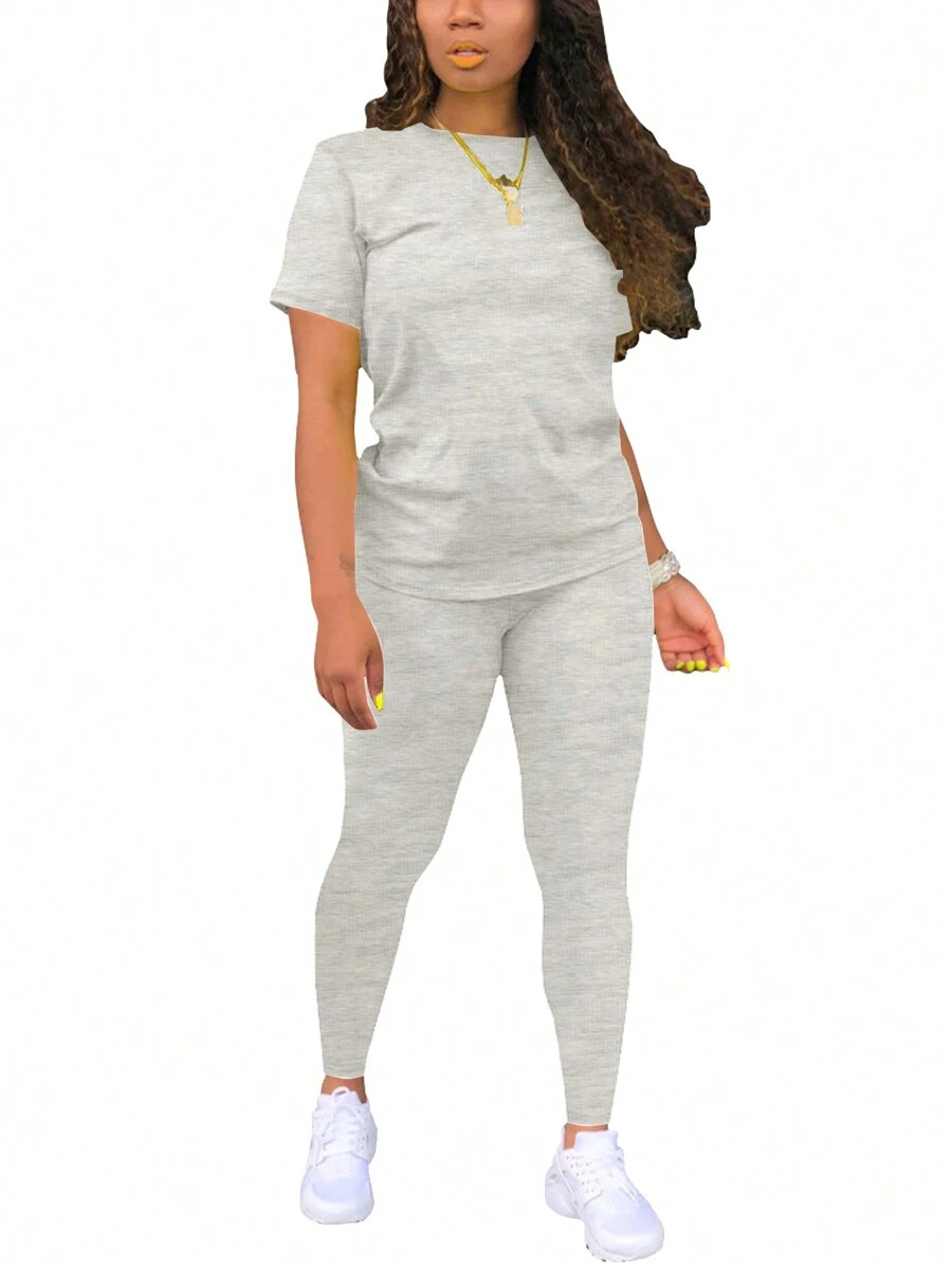 纯色圆领短袖休闲T恤和打底裤套装 夏季 - 灰色 - 查看 1