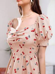 Breezaya 櫻桃印花泡泡袖短裙 - 粉色 - 查看 5