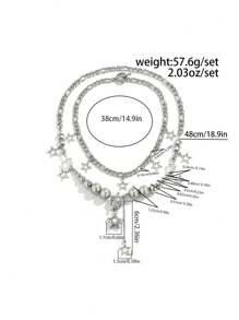 ROMWE Goth 2pcs Punk Style Star & Tassel Pendant Beaded Necklace Set - Silver - View 6