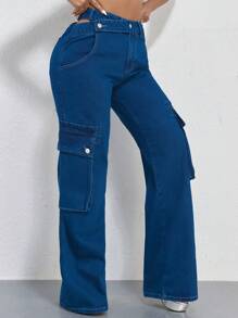 Women's Cargo-Style Denim Jeans With Pockets - Blue - View 6