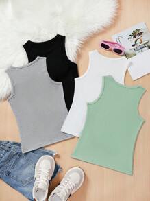 SHEIN 少女無袖針織純色圓領背心上衣 - 薄荷綠 - 查看 3