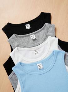 SHEIN Leap Crew 4pcs Tween Girl Knitted Solid Color Sleeveless Tank Top With Round Neckline, School, Campus, College - Baby Blue - View 3