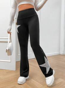 SHEIN EZwear Quần dài ống loe họa tiết ngôi sao đen Y2K dành cho nữ - màu đen - Xem 5
